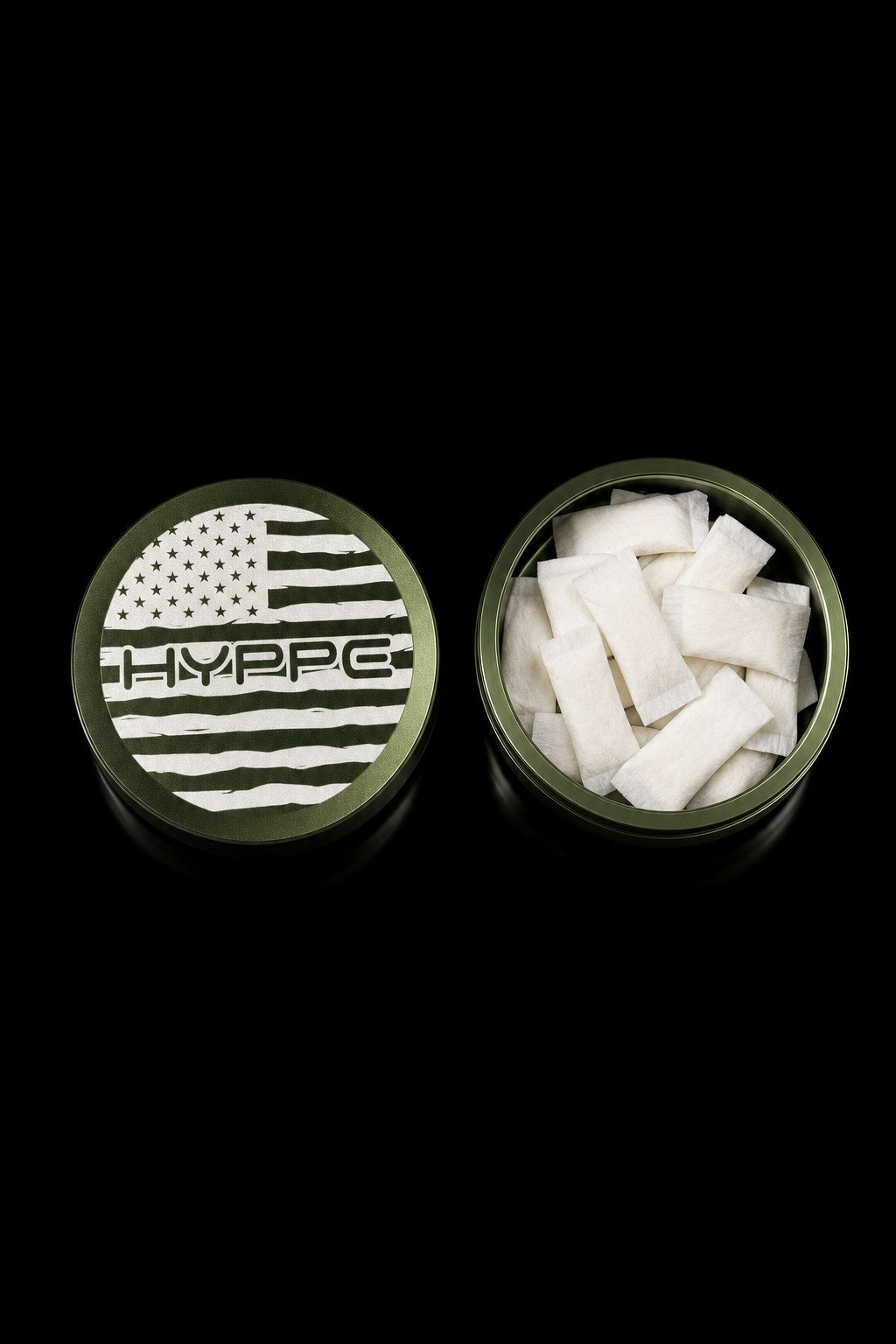 HYPPE Camo Green aluminum can with laser-engraved flag lid, open and holding about 20 pouches