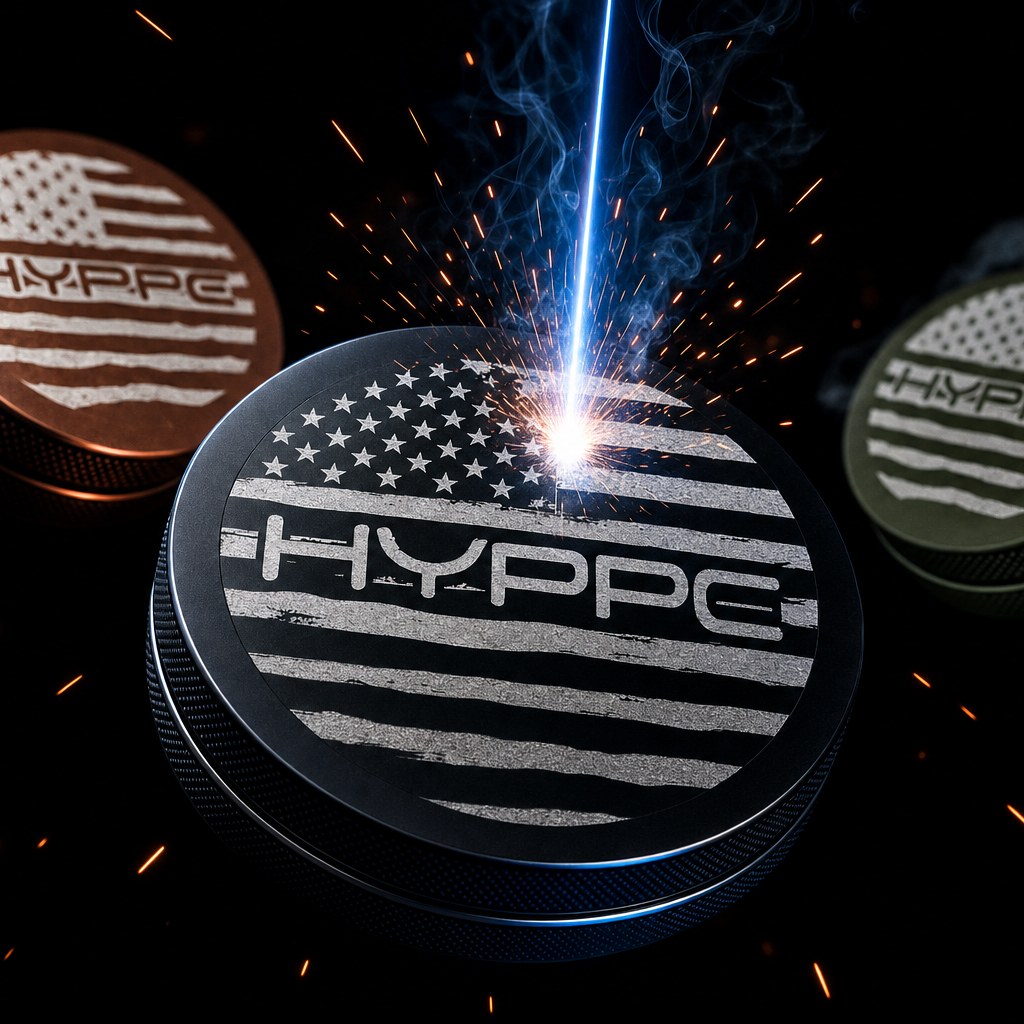 A laser engraving a black HYPPE can lid in a burst of sparks, with copper and camo green cans behind
