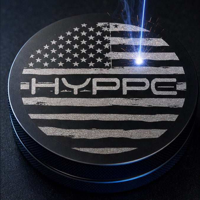 Close-up of the laser engraving the flag and HYPPE wordmark into the lid